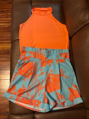 Orange Halter Romper with Turquoise & Orange Floral Shorts